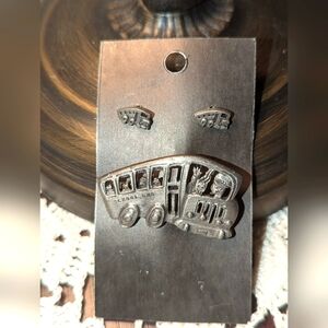 Silver School Bus Brooch and Earrings Set